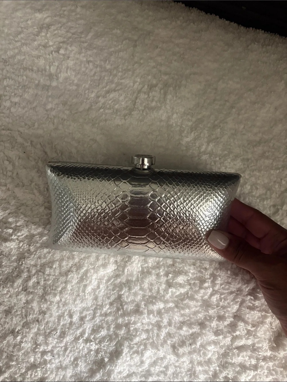 Vince Camuto Metallic Silver Snake-Embossed Clutch